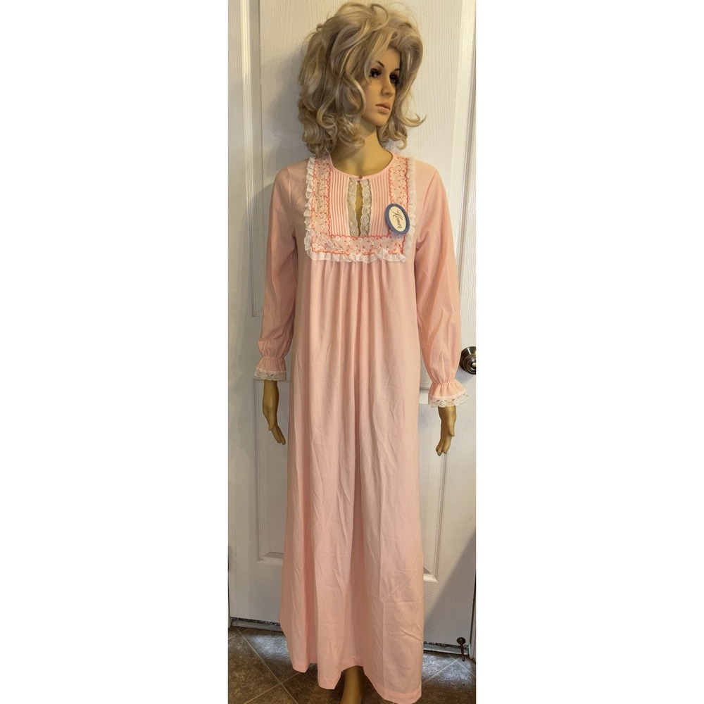 Vintage Small Komar Nightgown Pink Long Sleeve Lace Trim New With Tag